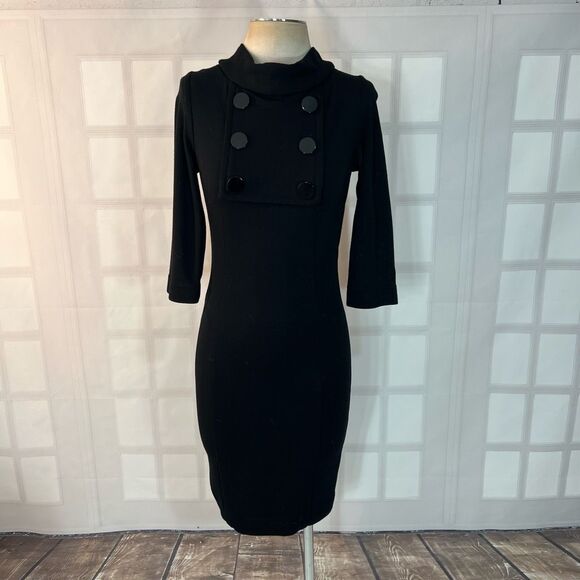 🔥🔥5 for $25🔥🔥 Kenzie Black High Neck 3/4 Sleeve Button Detail Bodycon Dress - Picture 1 of 8